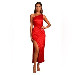 Lulus NWT Chasing Desire Red Satin Jacquard One-Shoulder Floral Daisy Maxi Dress